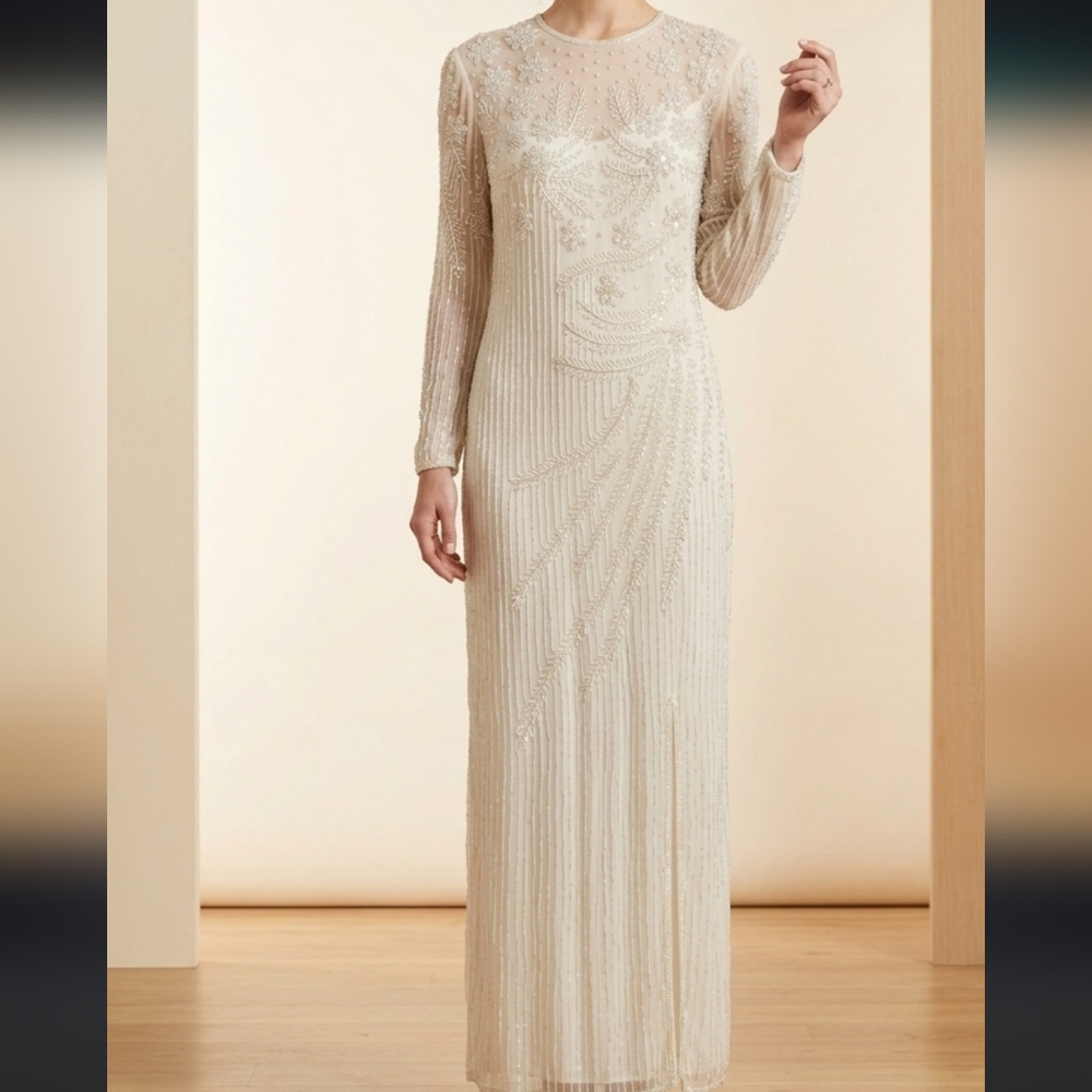 Vintage Ivory Silk Floral Beaded Sister Max Bridal Evening Prom Dress Fairy Lg